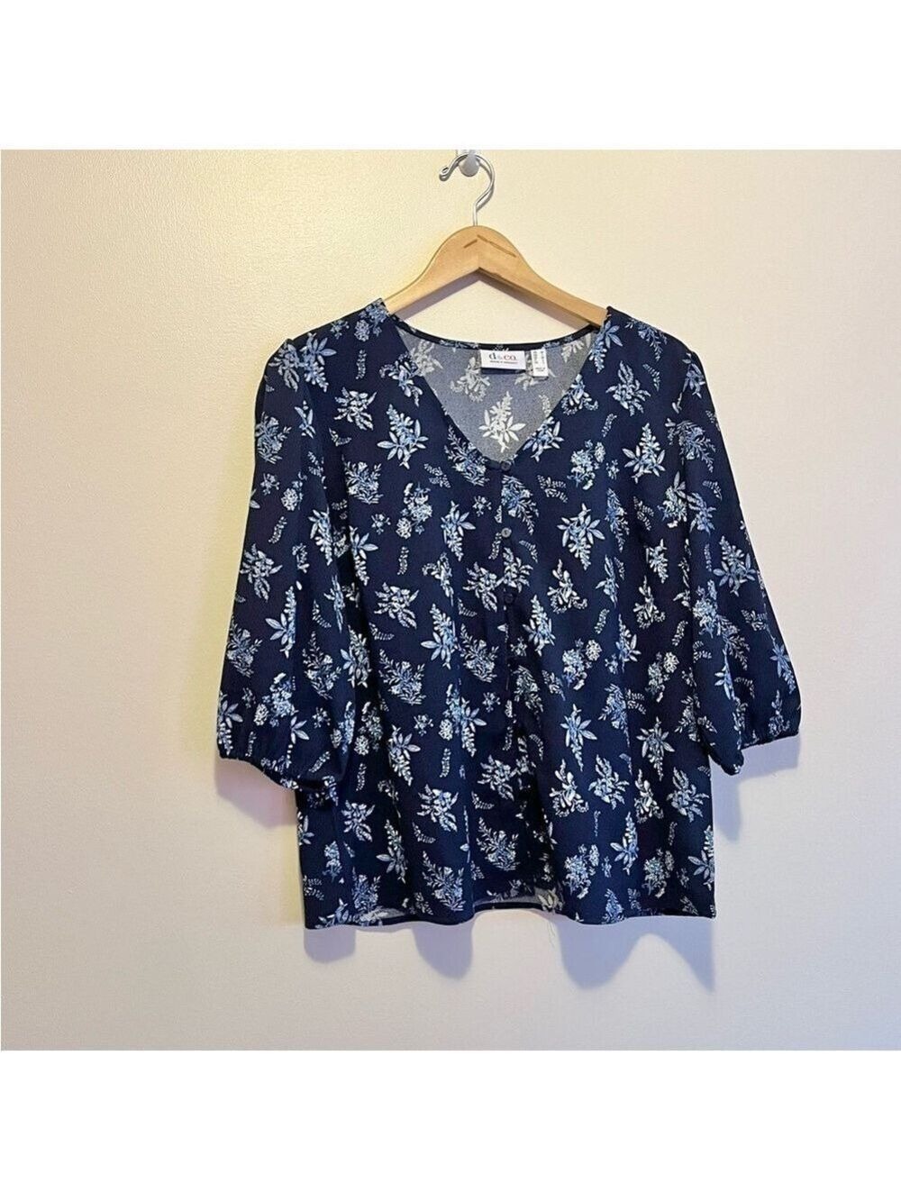 D&Co Denim + Company Navy Blue Floral Button-Up Blouse feminine flowy soft